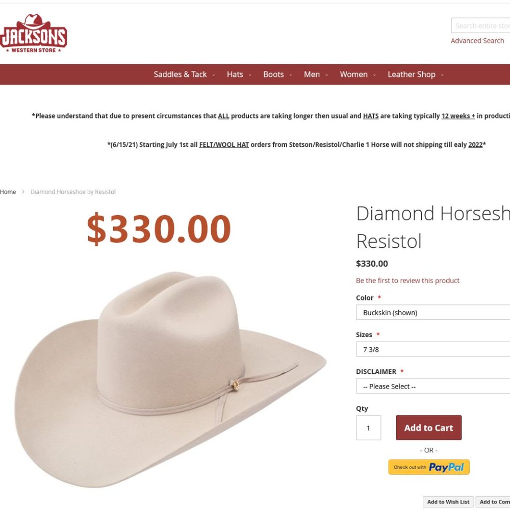 Resistol Diamond Horseshoe Cowboy Hat Size 7-3/8